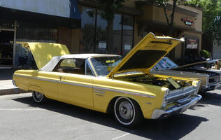 Yellow sedan with white roof; trunk and hood open