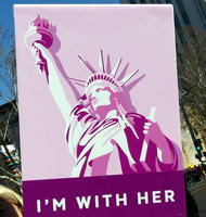 Text “I’m with her” beneath drawing of Statue of Liberty