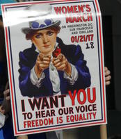 Woman in Uncle Sam outfit: I want YOU to hear our voice - Freedom is Equality