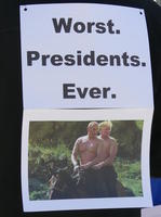 Photoshopped picture of Trump and Putin on horseback, shirtless: Worst. Presidents. Ever.