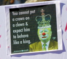 Image of Trump in clown makeup, wearing a crown: You cannot put a crown on a clown & expect him to behave like a king.