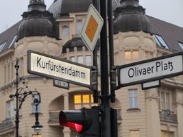 Street sign at intersection of Kuerfurstendamm and Olivaer Platz.