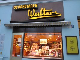 “Walter Chocolate” store, showing sign and store window.