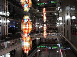 Multicolored glass paneled chandeliers