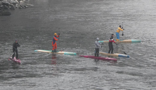 People paddling boards on the river