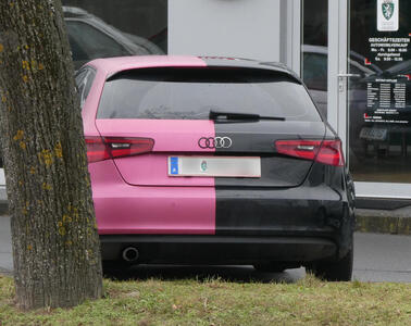 Rear view of Audi sedan; left half is painted pink and right half is painted black.