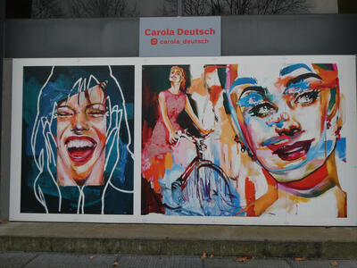 At left, a laughing woman. At right, a woman on a bicycle.next to a smiling woman