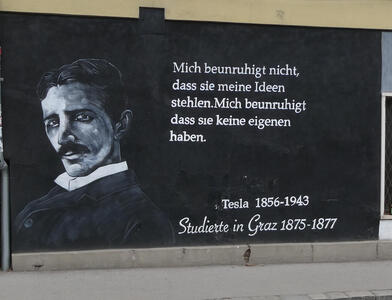 Painting of Nikola Tesla: „Mich beunruhigt nicht, dass sie meine Ideen stehlen. Mich beunruhigt dass sie keine eigenen haben.“  Tesla studied in Graz 1875-1877.