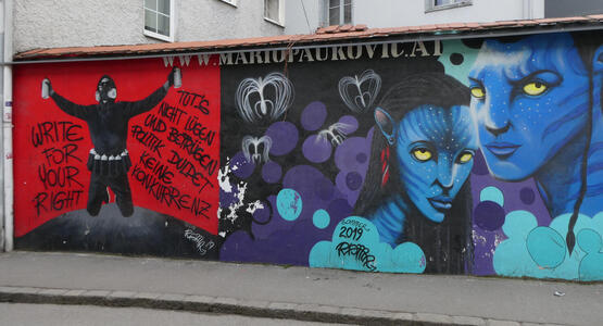 Left half: a man with spray paint “Write for your right” and  „Tot’s nicht lügen und betrügen / Politik duldet keine konkurrenz“  On right, man and woman characters from Avatar movie