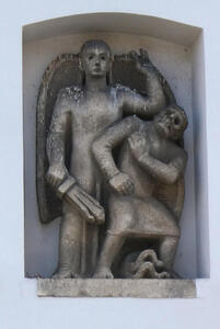 Angel with sword above a cowering figure of death