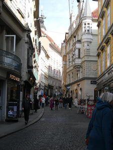 View up a cobblestone street