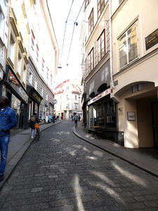 View down a cobblestone street