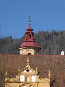 Top of castle with red spire