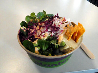 Bowl with red cabbage, onions, rice, edamame, hummus, green leafy vegetables, and plant-based chicken.