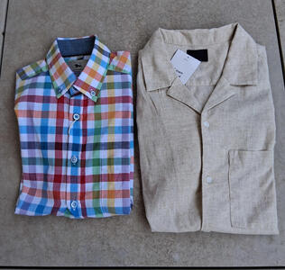 Multicolored plaid shirt and plain beige shirt