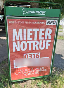 Helfen statt reden / Elke Kahr / Mieter Notruf / Täglich 10-20 Uhr. Auch am Wochenende. Kostenlos.