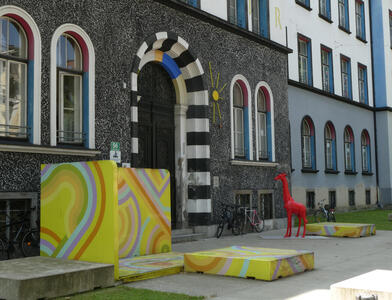 Brightly-colored exterior of a school