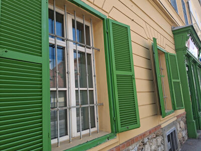 bright green shutters on windows