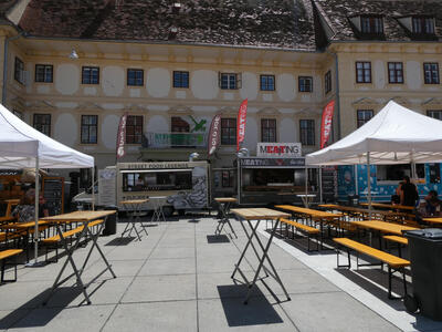 long view of several food stands