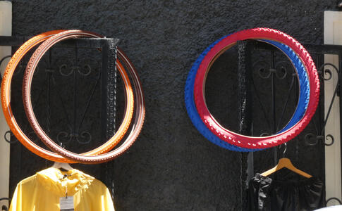 yellow orange blue and red tires