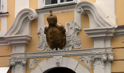 city shield on building