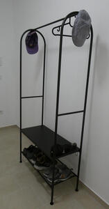 Coat rack with shelf for shoes and another shelf for packages, etc.