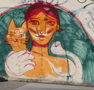 grafitti of person holding a cat