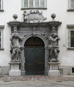 Doorway with sculptures of men supporting the columns