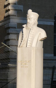 Bust of bearded man wearing plumed helmet and mlitary jacket