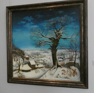 Painting of winter scene; snow on houses and on ground. Center of picture features a tree with bare branches.