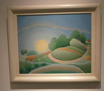 Painting of sun over rolling hills