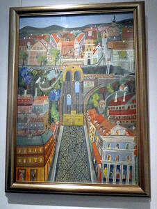 Street scene of Zagreb, showing a funicular with two cars.