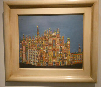 Painting of a church in multiple colors