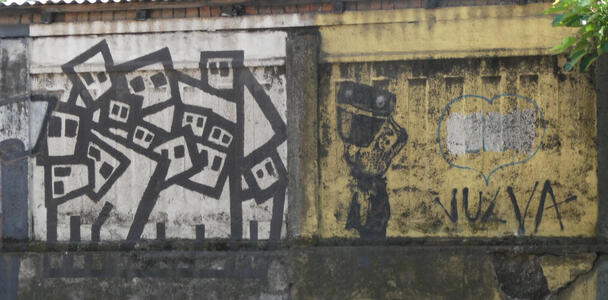 At left, outlines of people with square faces; at right, a person holding a basket on one shoulder