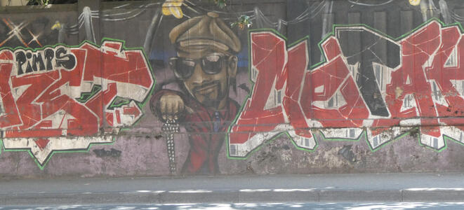 Man with red jacket, goatee, sunglasses, and a cap; looks like a rapper.