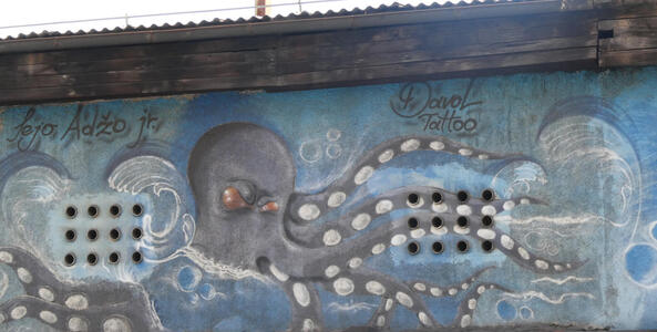 Painting of octopus. Holes in wall align approximatelywith the suckers on its tentacles.