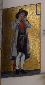 Mosaic of man in lederhosen and long white jacket He is playing a harmonica.