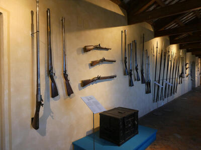 Display of rifles and short guns attached to wall