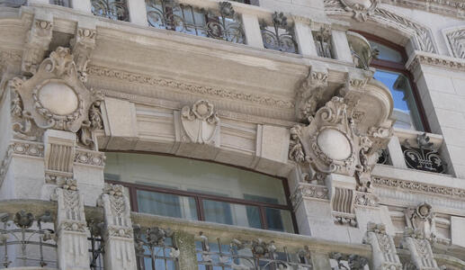 Closeup of ornate stonework on building