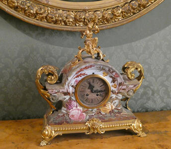 Desk clock with painted roses and gold leaf base and handles