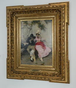 Impressionist painting of a man kissing a woman’s hand. The woman is wearing a pink dress. Her umbrella is lying on the man’s leg.