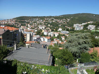 View of city buildings from hills above Trieste