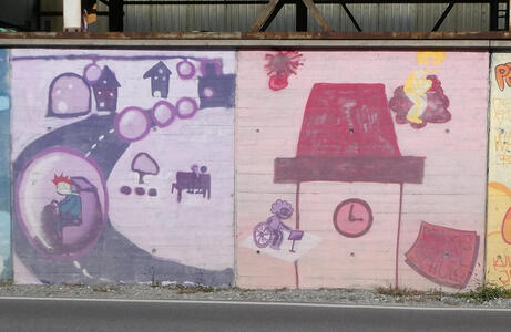 At left, a highway with bubble-like vehicles; one of them has a man with red hair sitting at the wheel. At right, the Uhrturm, with a person in a wheelchair looking at a sign.