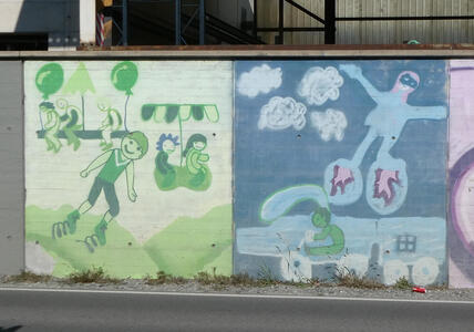 Left painting: children at play; one has springs on the soles of his shoes. The others are riding air vehicles. At right, a person in a car. A blue figure with red hair floats above.