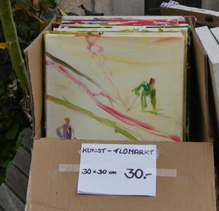 Cardboard box filled with paintings that are 30 x 30 cm, 30 euro each.
