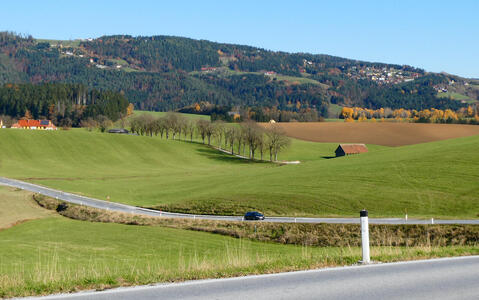 Rolling hills intersected by a road; forested hills in background