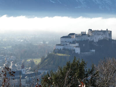 Festung at right, open green area at ground level at left.
