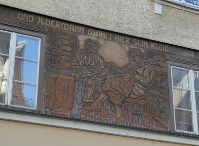 People sewing clothing: „und Jedermann wählt hier sein Kleid“