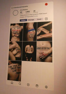 Poster of a social media post showing women’s bodies on which quotes from Trump are written in marker.