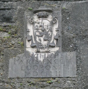 Plaque with heraldic shield above words ARCHIEPS PARIS EX COV LODRON MDCLII